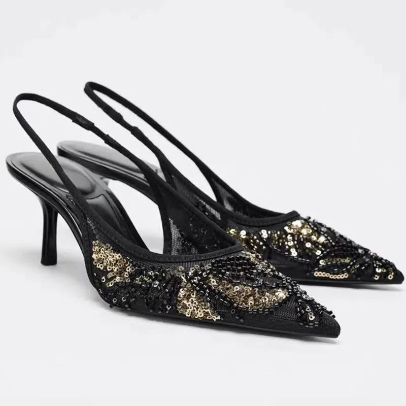 Fashion Bling Black Mesh String Bead Embellish Brand Pumps Women Elegant Pointed Toe Back Strap Thin Heel Slide Sandals Party Dress Shoe