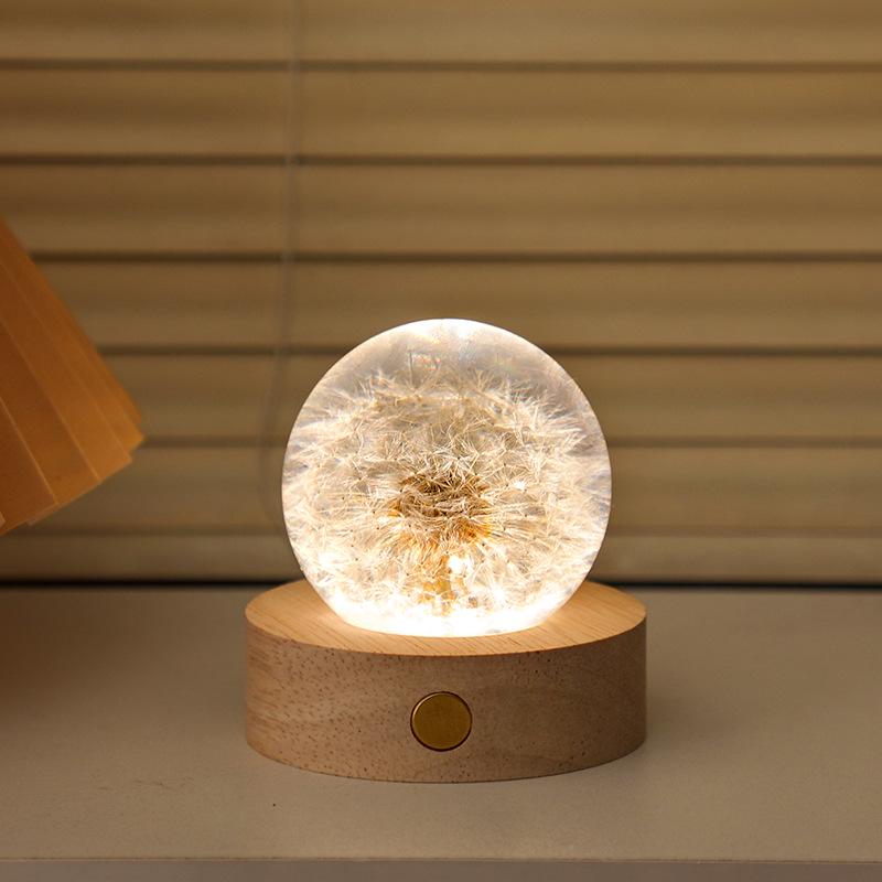 Dandelion Crystal Ball Night Light with Preserved Flower 3D Carving Luminous Resin Ornament.
