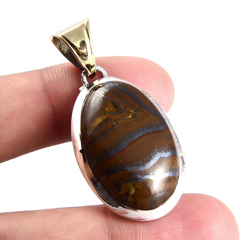 Natural Iron Tiger's Eye Gemstone 925 Sterling Silver Two Tone Pendant 1.7" B1z06