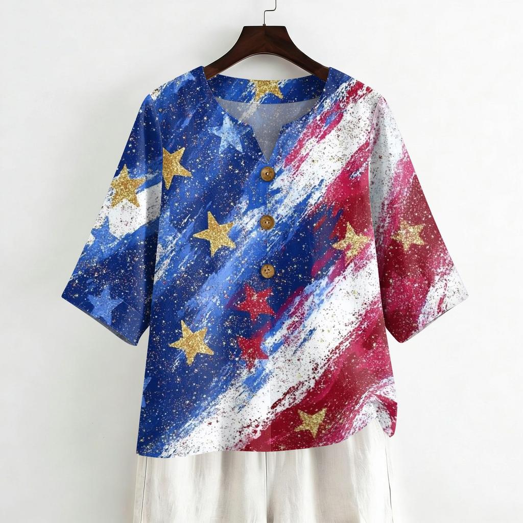 Women's Casual V-Neck Button Three-Quarter Sleeve Fourth of Print Pullover T-Shirt