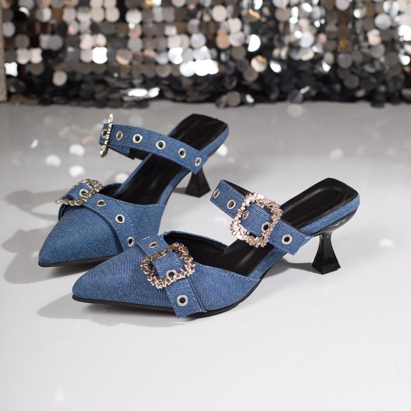 New Rhinestone Versatile High-heeled Baotou Sandals Pointed Toe Shallow Rivet Metal Buckle Fine Heel Plus-size Women's Shoes