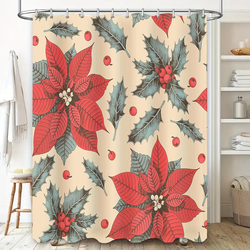 Holiday Flower Shower Curtain Red Green Christmas Decorative Bath Rug Cover Premium Waterproof Fabric for Home Bathroom Decor 72