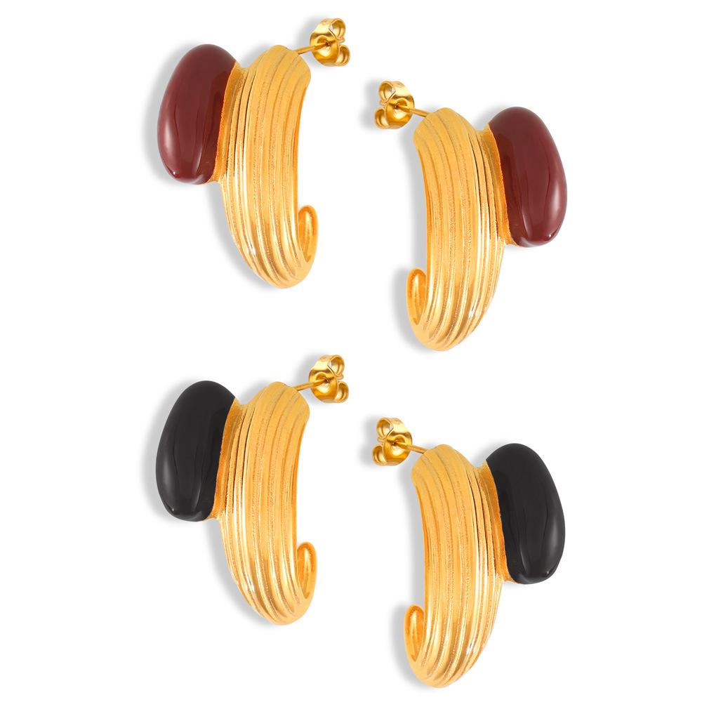 Hepburn-Style Retro C-Shaped Enamel Earrings - Titanium Steel, Fashionable Niche Design