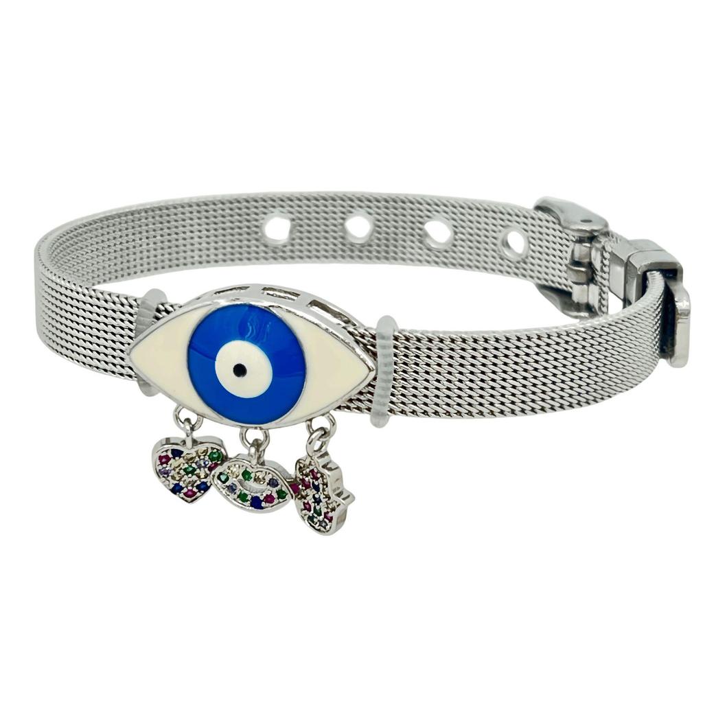 Stainless Steel Watch Band with Devil's Eye Zircon Bracelet - Stylish European and American Fashion Jewelry