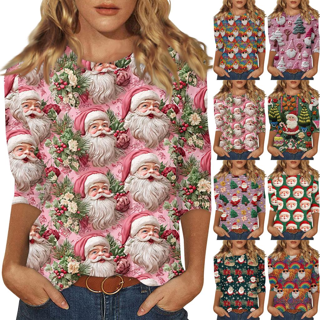 Women's Fashionable Casual Three Quarter Sleeve Christmas Printed Round Neck Top