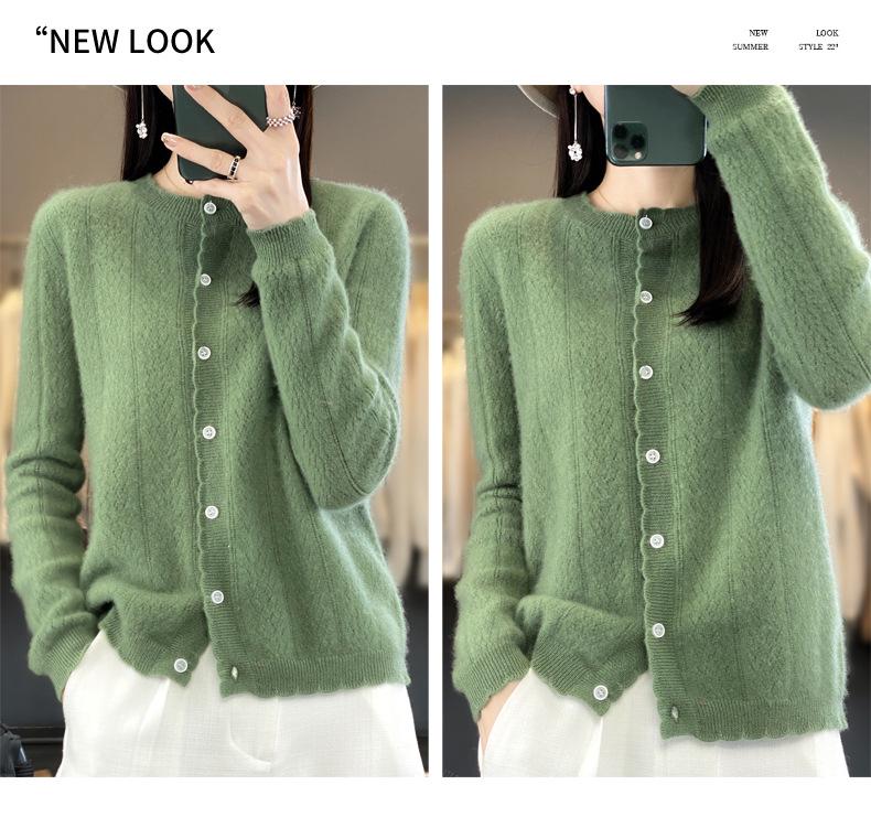 Women's Loose Knit Pure Wool Cardigan - Wheat Ear Design for Autumn Winter