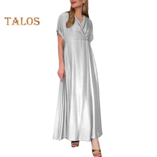 Spring Women Dress V Neck Short Sleeve Loose A-line Pure Color Ankle Length Maxi Dress Pleated Prom Party Dating Dress