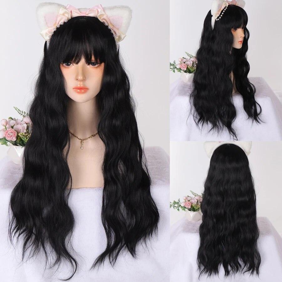 Synthetic Natural Black Wigs Long Wavy Wig for Women with Bangs Halloween Party Daily Heat Resistant Fibre Hair Wigs