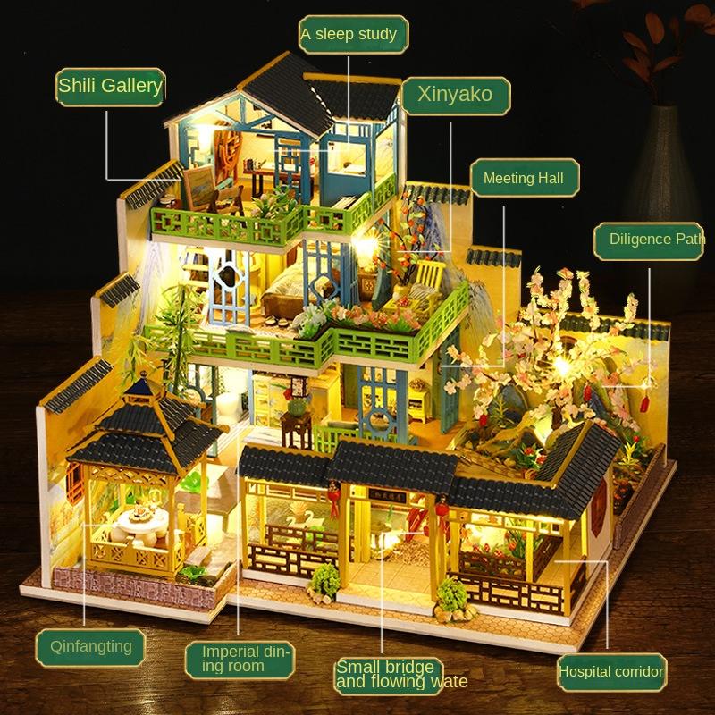 Jiate DIY Puppenhaus Fuchun Bergresidenz Handgefertigtes Holz Chinesischer Stil Großes Villenmodell Kreatives Geschenk für Mädchen