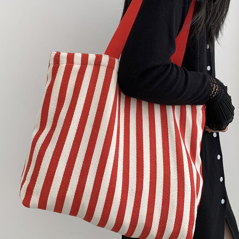 1Pcs Female Daily Shopping Bags Simple Striped Women'S Canvas Casual Shoulder Bags Fashion Large Capacity Ladies Tote Handbags