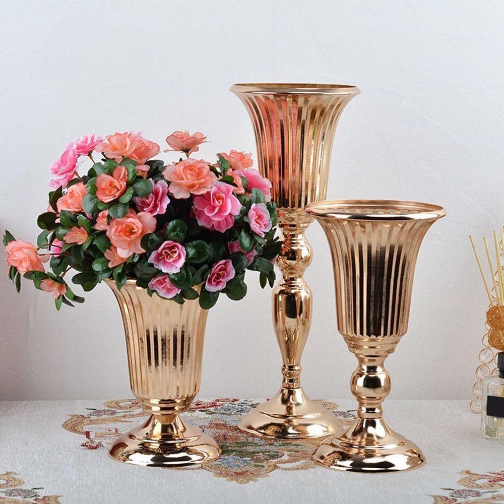 Golden Wedding Flower Vase Decorative Dried Flower Pot Creative Metal Trumpet Vases  Photo Props