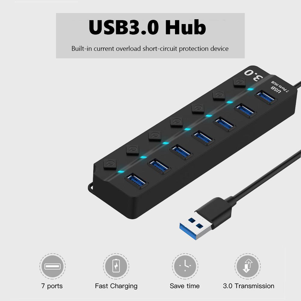 Powered USB 3.0 Hub USB Data Hub Splitter with Individual Switches for Laptop PC
