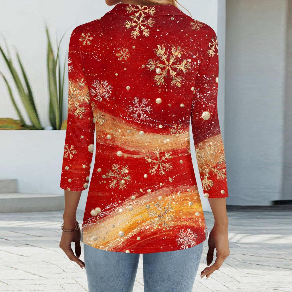 Mote dame casual revers kort 3/4 ermet juleprint skjorte dame knapp opp topper