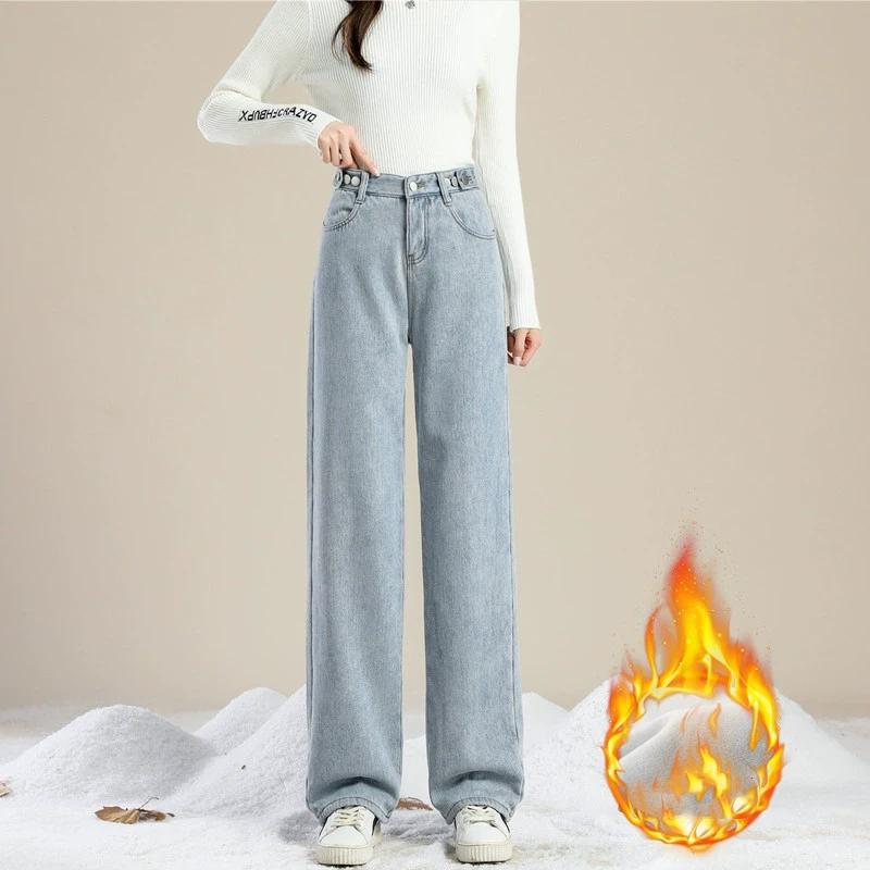 Tykk høy midje hengende uformelle jeans med brede ben for kvinner med plysjisolasjon Løstsittende rett benmopp for yttertøy Vinterbukser