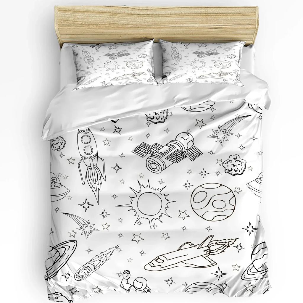 Outer Space Cartoon Cute Spaceship Rocket Duvet Cover With Pillow Case 3Pcs Bedding Set Quilt Cover Double Bed Home Textile