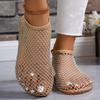 Ladies' Summer Round Toe Sandals with Hollowed Out Internet Celebrity Studded Diamond Short Boots, Sexy Plus Size Flat Shoes, Breathable