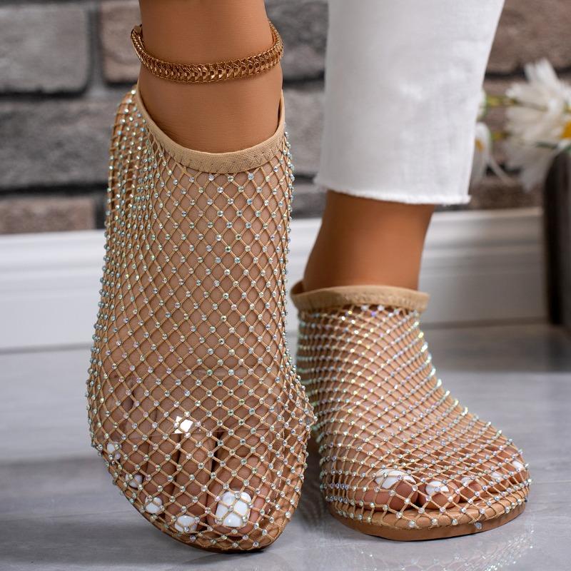 Ladies' Summer Round Toe Sandals with Hollowed Out Internet Celebrity Studded Diamond Short Boots, Sexy Plus Size Flat Shoes, Breathable