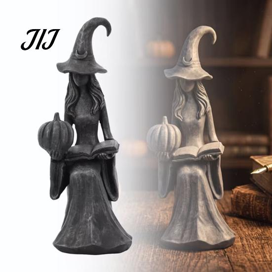 Black Gray Resin Look Sculpture Pumpkin Witch Ornament, Halloween Gothic Style Tabletop Figurine, Retro Lightweight Easy Storage Figurine PLA