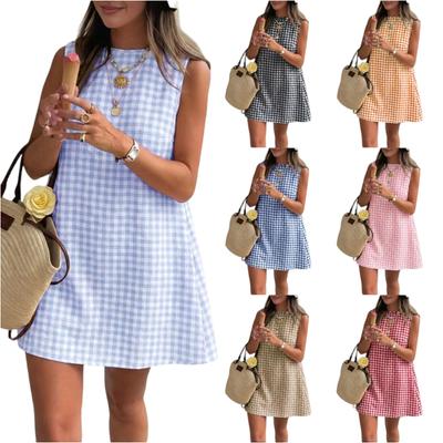 Women Sleeveless Plaid Casual Dress Round Neck Loose Fit Above Knee Summer Dress for Daily Wear