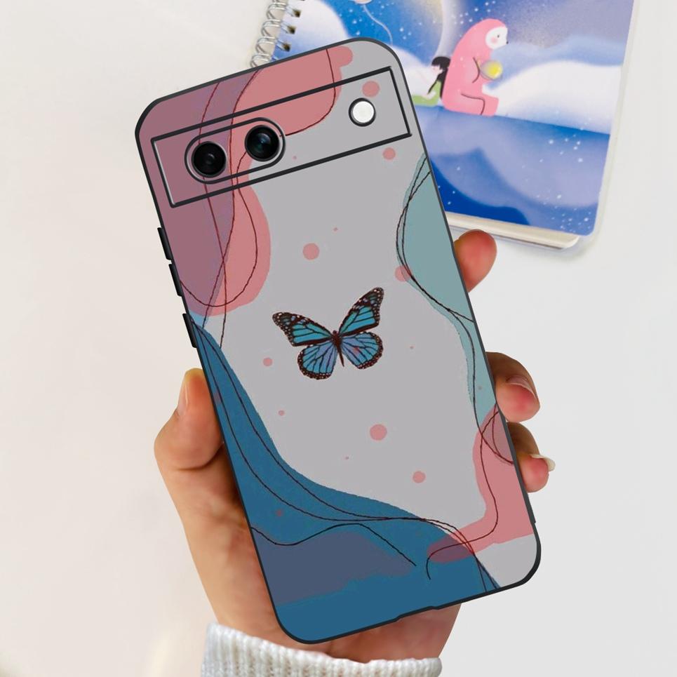 Black Matte Silicone Back Cover For Google Pixel 8A Painting Case Cartoon Lovely Cat Butterfly Flower Bumper Google 8A Soft Etui