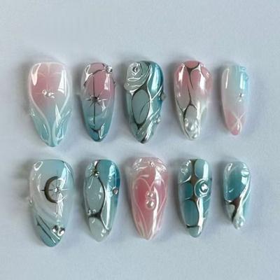 Diseño tridimensional de metal con líneas irregulares, efecto estrella, luz perlada y cambio gradual de tono rosado para uñas (24 piezas)