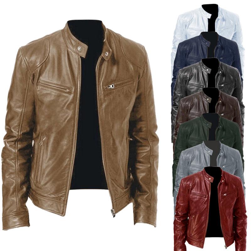 Winter Business Gentleman Warm Zip Cardigan Pocket Decorative PU Leather Jacket Stand Neck Slim Zip Leather Jacket