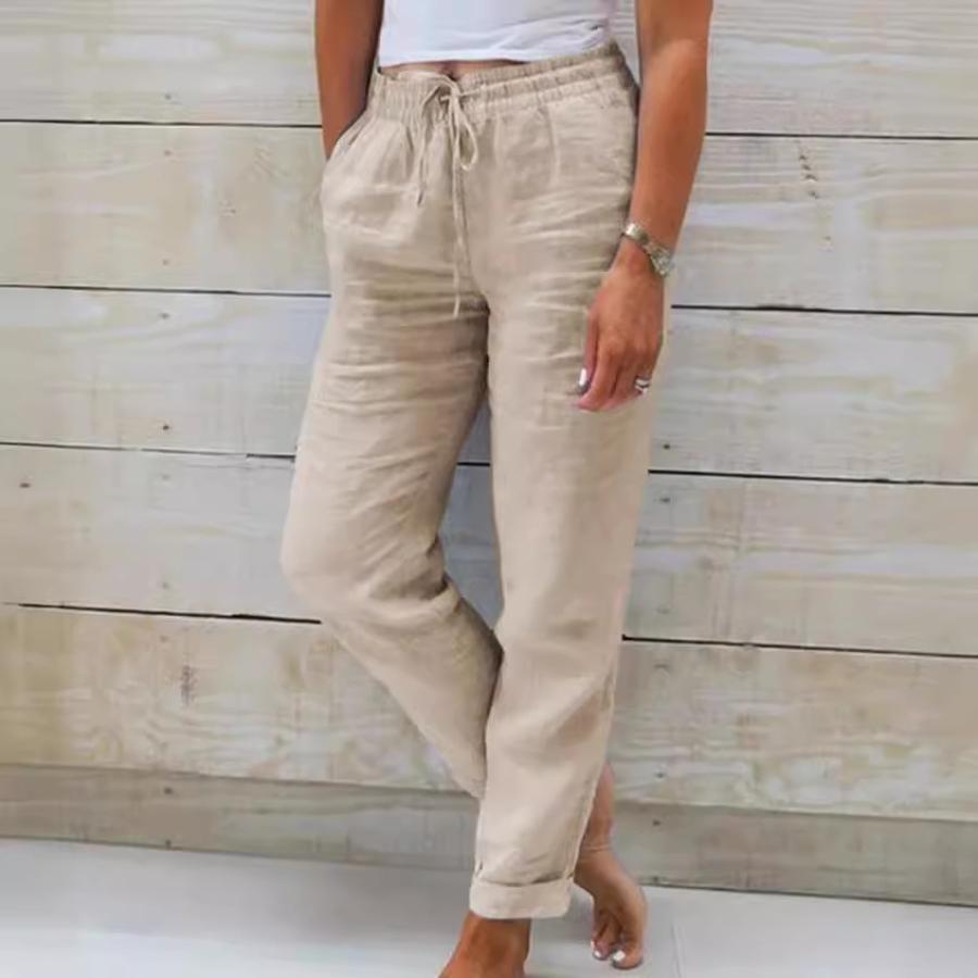 New Style Women's High Waist Elastic Waist Solid Cotton Linen Casual Pants