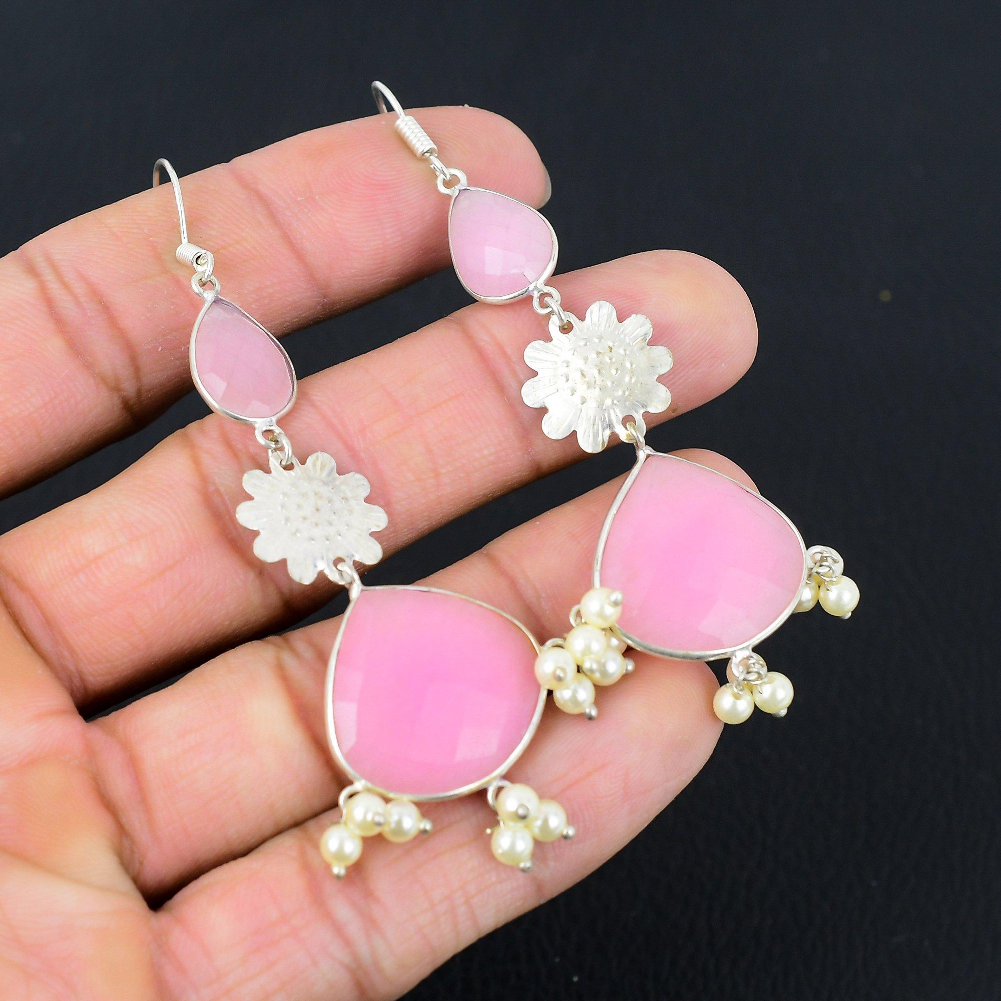 

Sterling Silver Pink Chalcedony Gemstone Dangling Anniversary Earrings Jewelry
