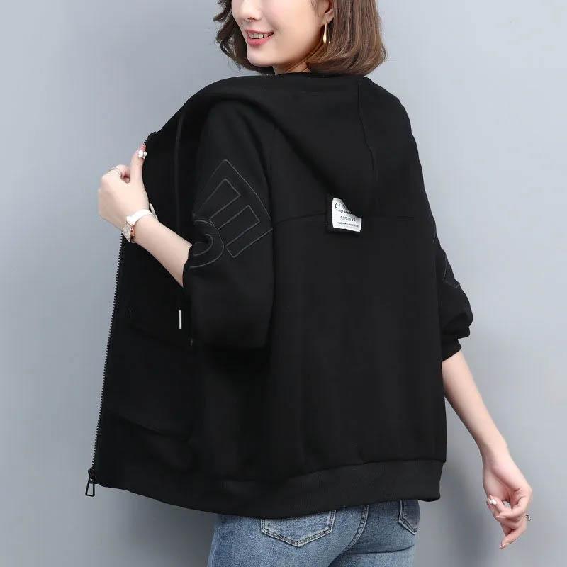 Hooded Coat for Women Cotton Loose Versatile Solid Color Casual Zipper Cardigan Tops