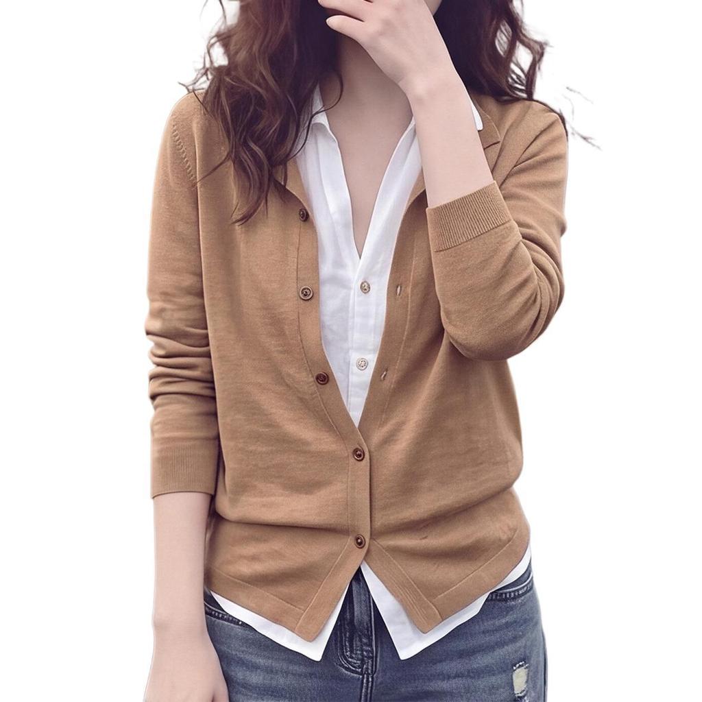 Khaki Faux Two-Piece Knit Cardigan: Stylish Long-Sleeve Top for Women - Autumn Collection