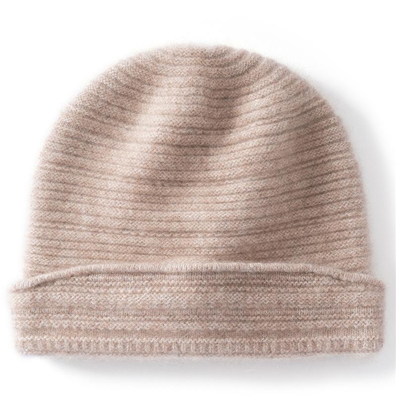 Autumn and Winter New% Pure Cashmere Women's Solid Color Thickened Knitted Cashmere Hat Thermal Head Hat Ear Protector