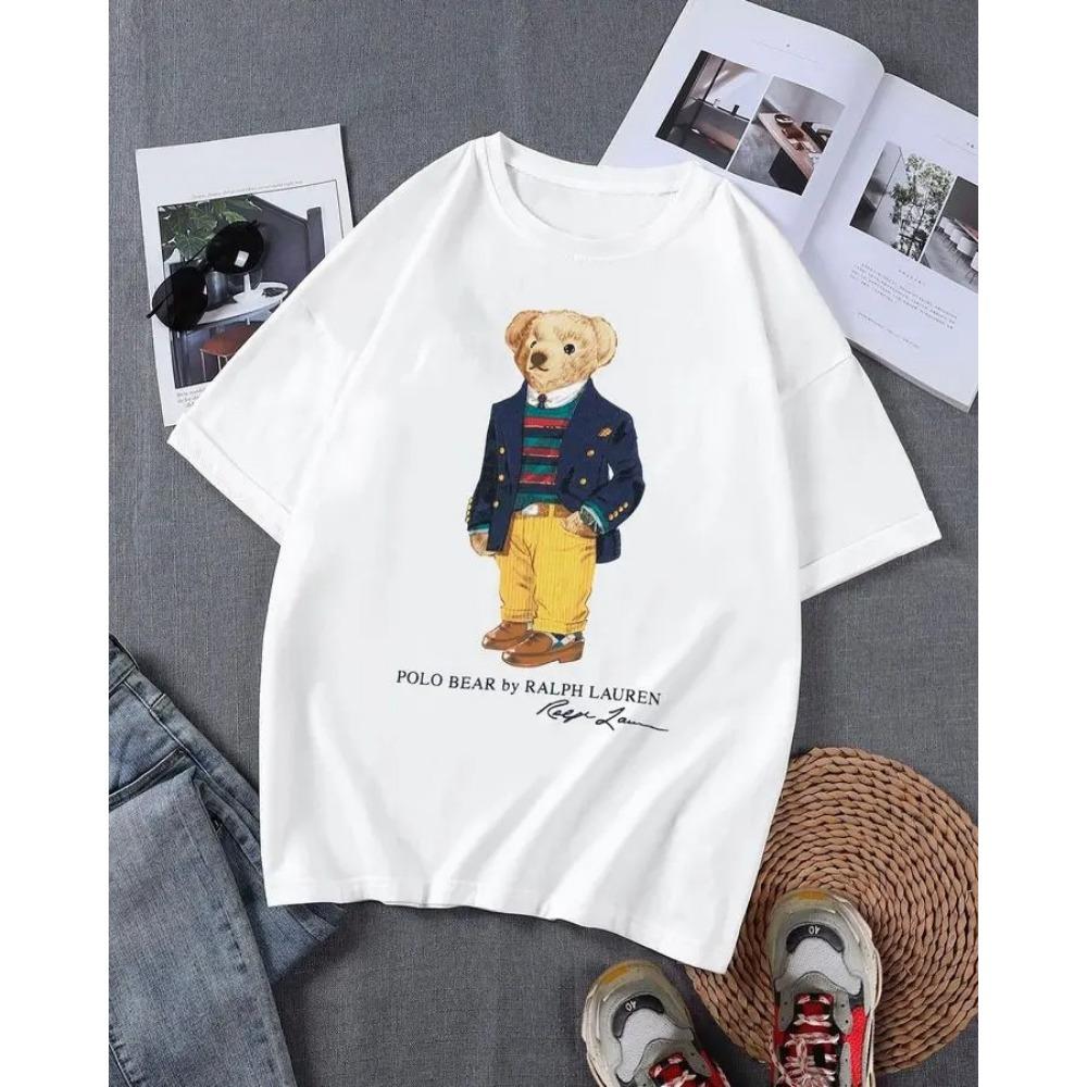 Cute Bear Printed Summer Women's T-shirt Light Luxury Trendy Brand Y2K Loose Casual Short Sleeved Top