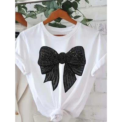 Europäische Größe Mode Schleifenmuster Damen Rundhals-T-Shirt, Einfaches Design, Bequem Und Modisch, Vielseitiges Must-have, Geeignet für Tägliche Freizeit