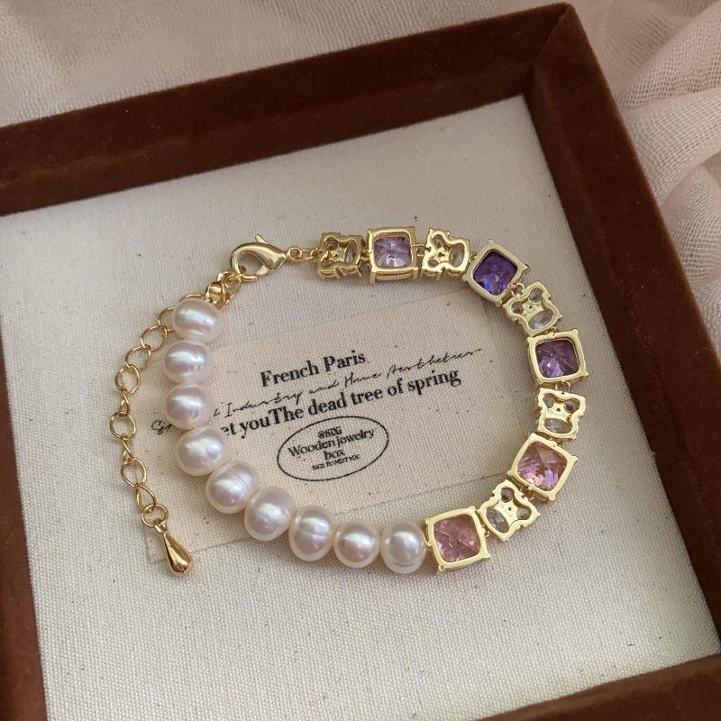 Fashion Exquisite Light Luxury Atmosphere Noble Pearl Bracelet Colored Large Particle Hollow Square Full Diamond Pearl Bracelet
