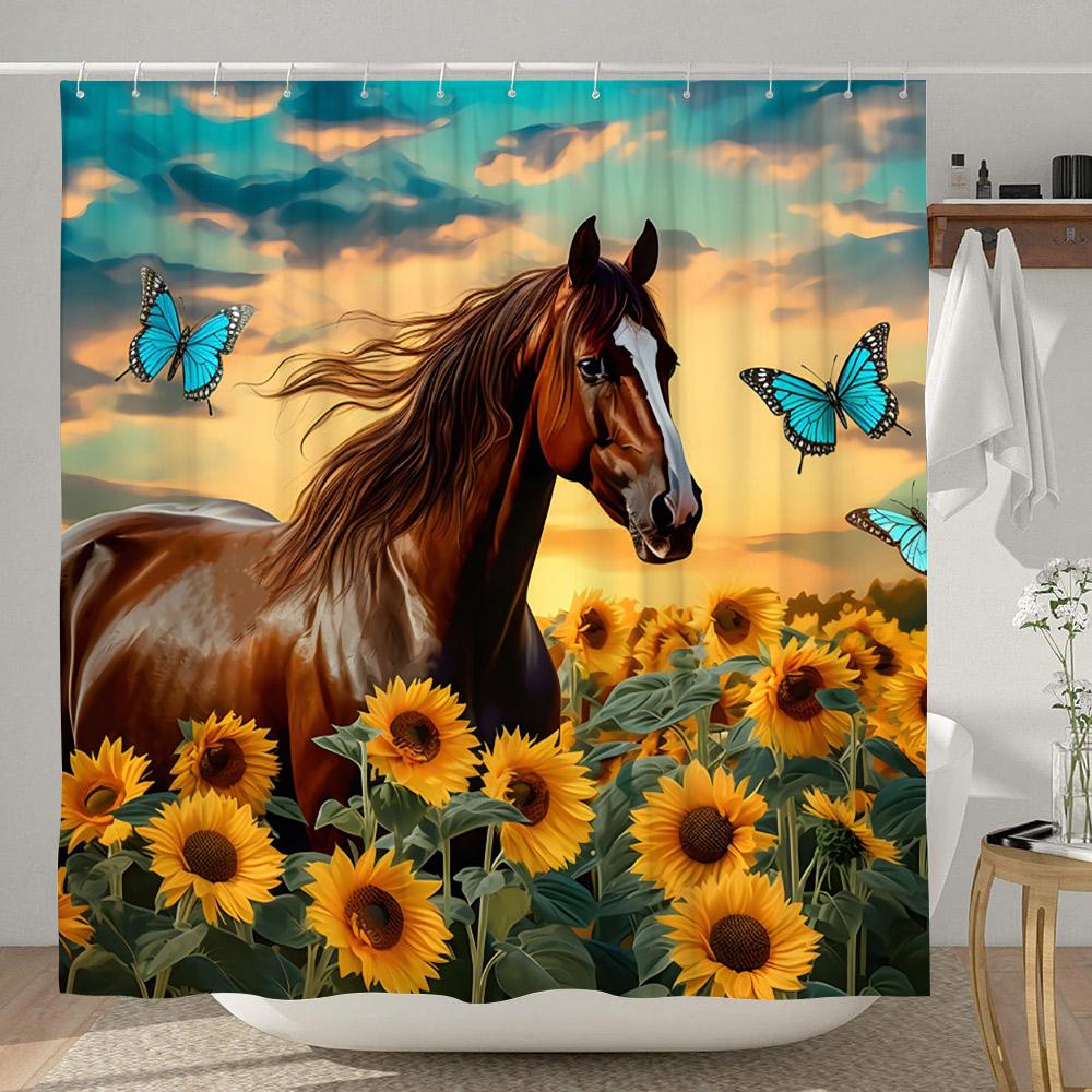 Farm Funny Animals Shower Curtain Highland Cow Cat Sunflower Floral Rustic Country Home Polyester Fabric Curtains Bathroom Decor