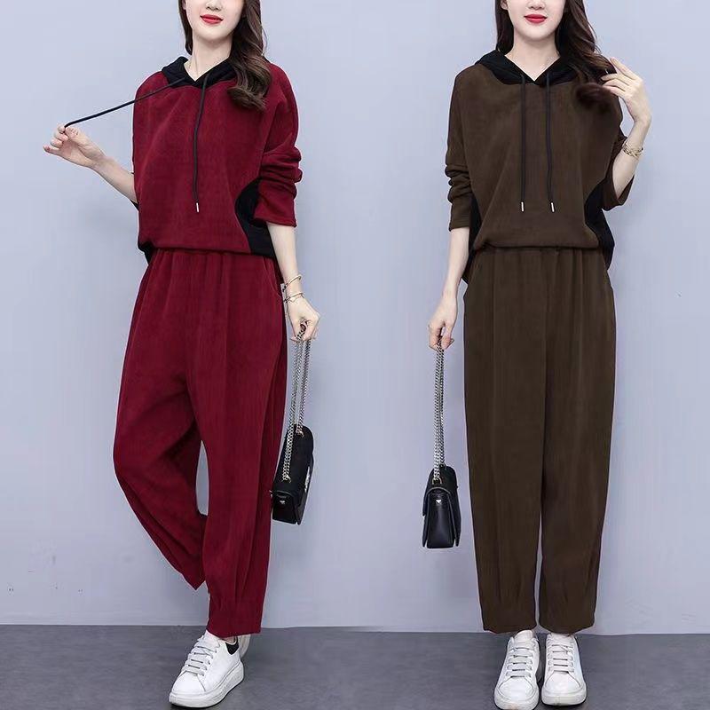 Zesílený manšestrový módní set s kapucí - Nadměrná velikost podzimní ležérní dvoudílný outfit