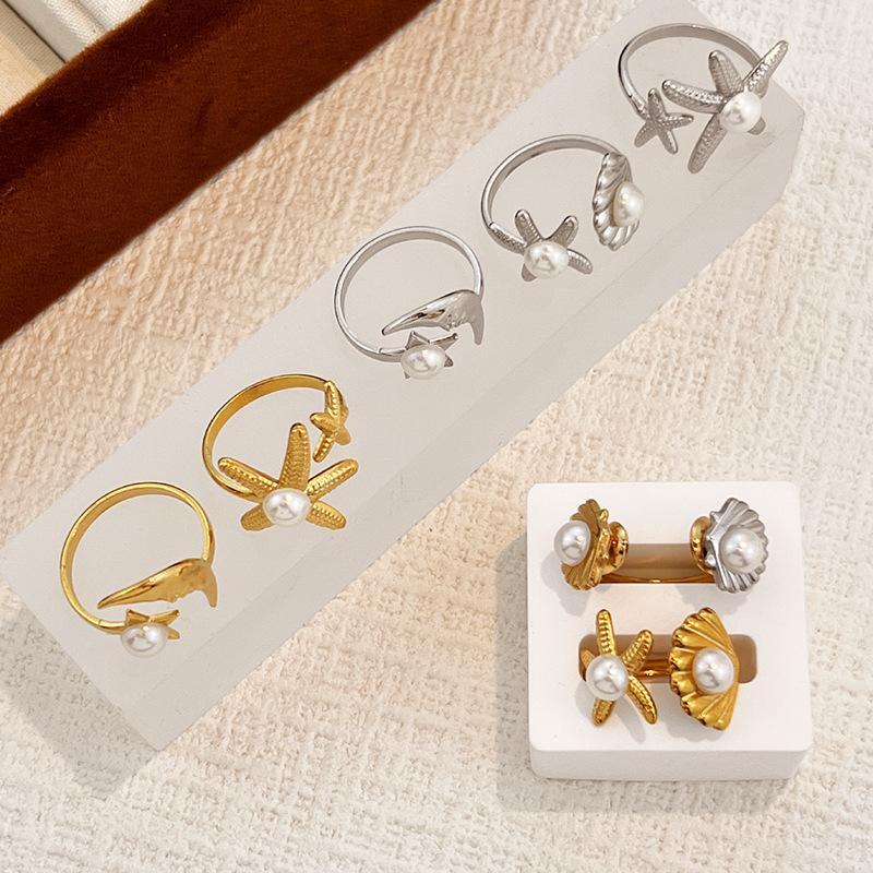 Ocean Starfish Shell Open Rings For Women Stainless Steel Ring Summer Beach Aesthetic Waterproof Jewelry Gift