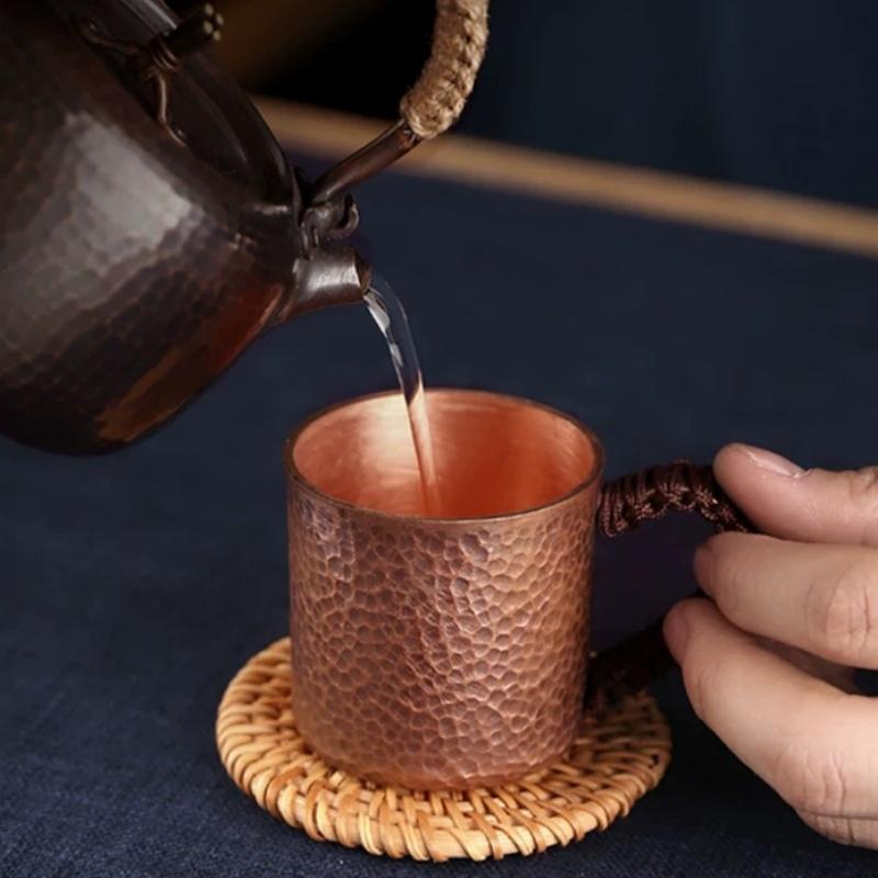 Vintage Pure Copper Cup,Hammer Texture Weave Handle 100 ml Breakfast Milk Coffee Mug,Handcrafted Tea Tumbler Drinkware Tableware