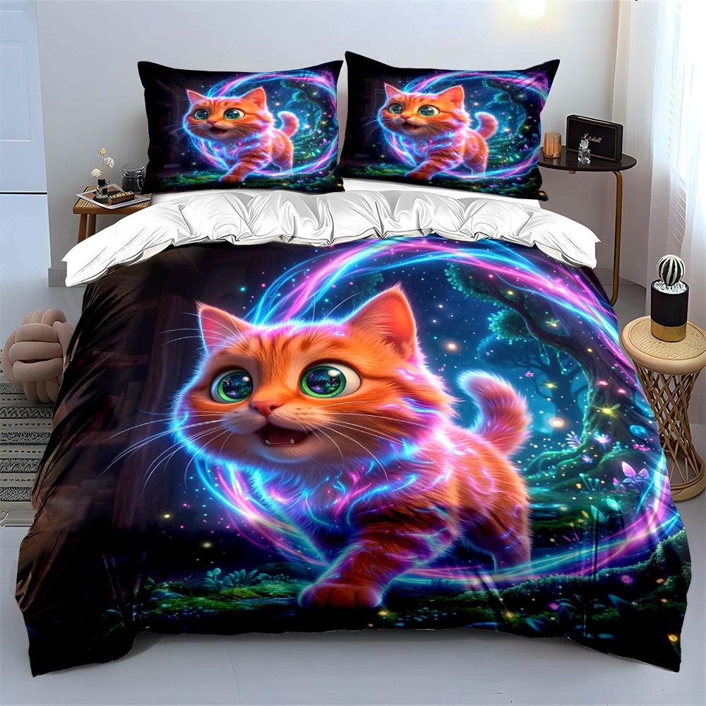 Glowing cat, magical forest. Print Bedding Set 1 Duvet Cover 2 Pillowcases for Adult and Children Luxury Gift Full Size