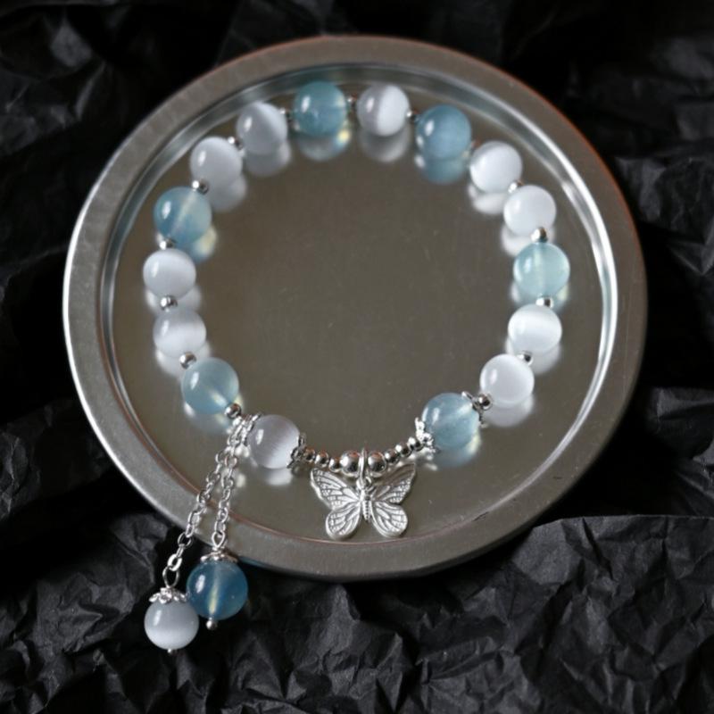 Aquamarine Cat's Eye Crystal Butterfly Bracelet with Sterling Silver and Tassel