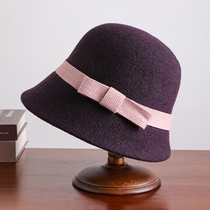 Vintage and Elegant 100% Wool Bow Top Hat for Women's Autumn and Winter New High-quality Warm Fisherman Hat Basin Hat