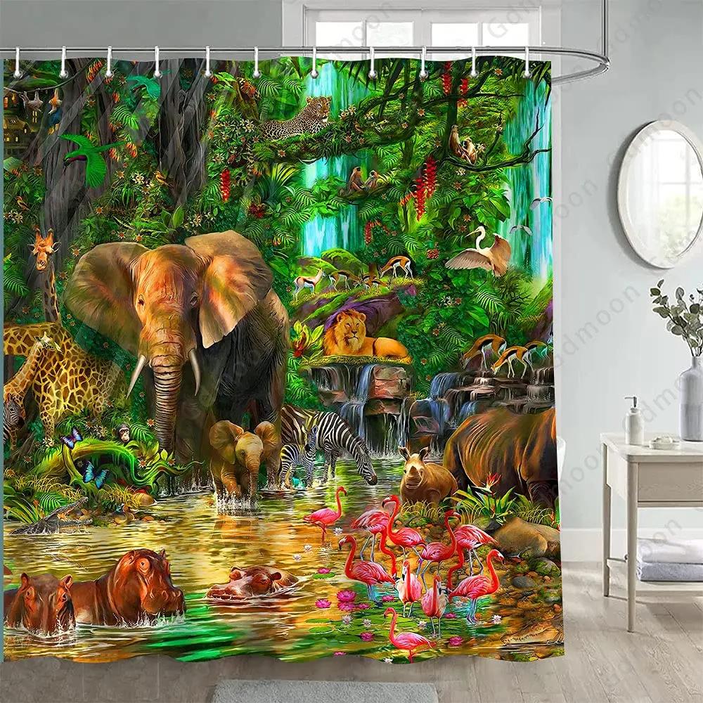Pandara Jewelry Rainforest Animal Shower Curtain Tropical Jungle Forest Elephant Lion Flamingo Giraffe Zebra Monkey Wildlife Zoo Batroom Curtain