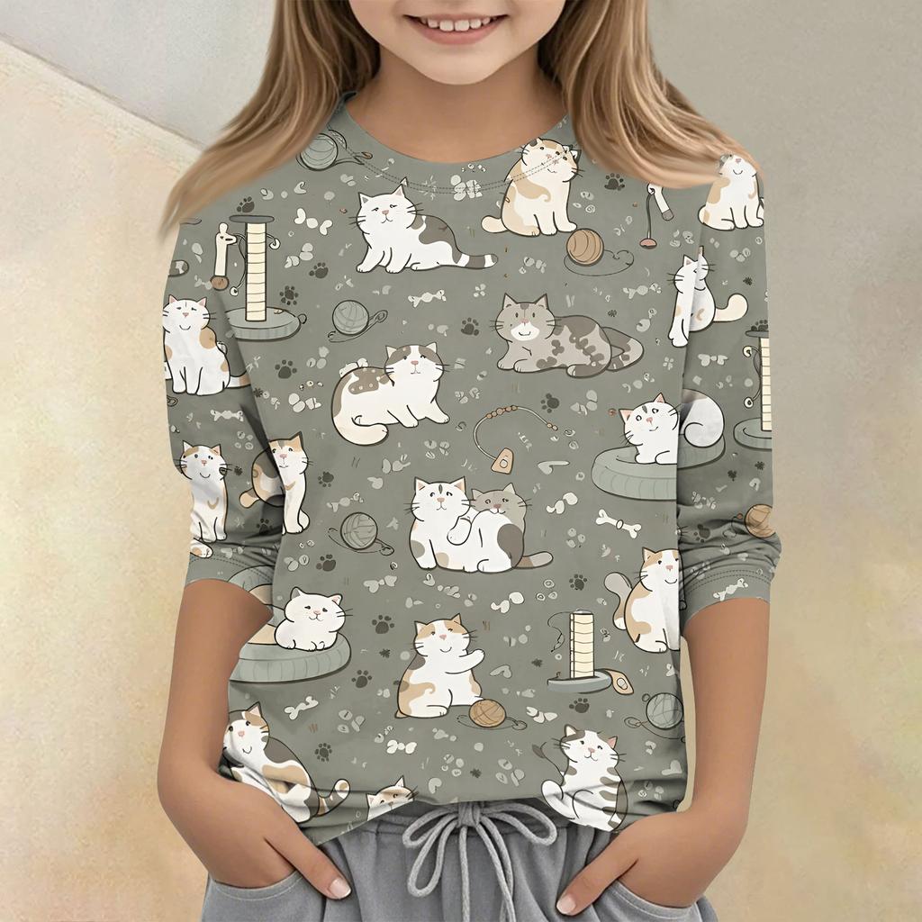 Children's Printed Round Neck Seven Quarter Sleeve Casual T-shirt