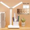 LED-Doppelkopf-Schreibtischlampe mit Halterung, wiederaufladbare USB-Tischlampe, einstellbare Helligkeit, Augenschutz, Schreibtischleuchte, Touch-Dimmung, Tischleuchte