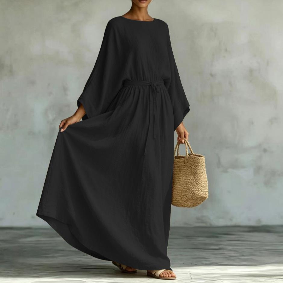 Women Beige Long Sleeve Plunge Neck Tie Waist Maxi Dress Casual Loose Cover Up