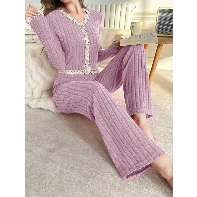Autumn Winter Lace Patchwork Long Sleeve V-neck Top Elastic Waist Straight Pants Set Ladies Loose Homewear Suit