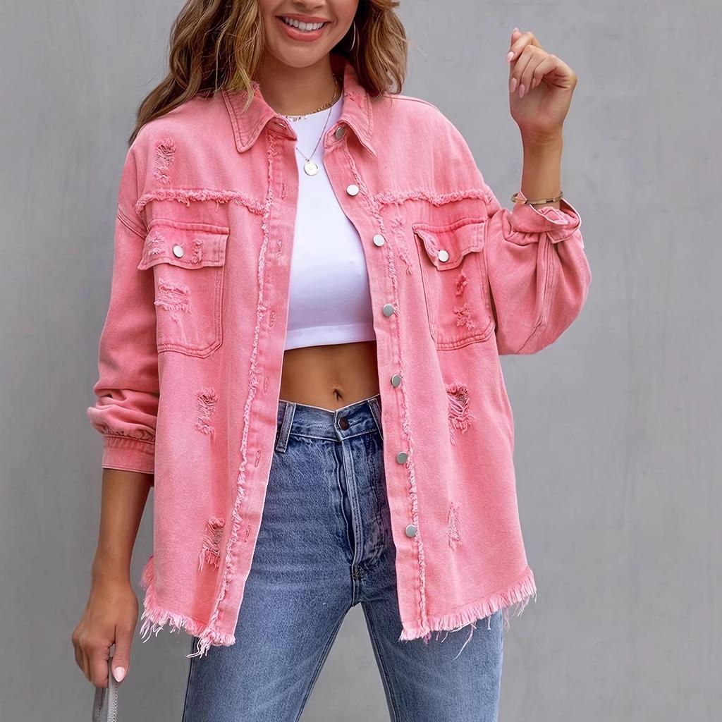 Women's Solid Color Ripped Denim Shirt - Long Sleeve, Loose Fit Bestseller