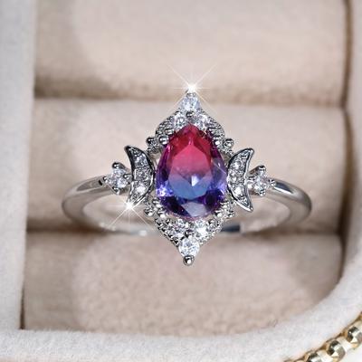 Vintage Rose Blue Water Drop Tourmaline Crown Ring, Exquisite Rose Blue Zircon Ring, Engagement Birthday Jewelry Gift