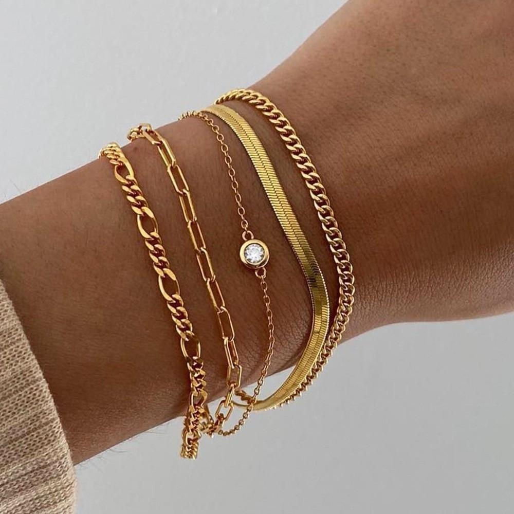 5/6Pcs Multi-layer Cuban Chain Bracelets Gold Color Metal Chain Bangles Chain Bracelet Set Jewelry