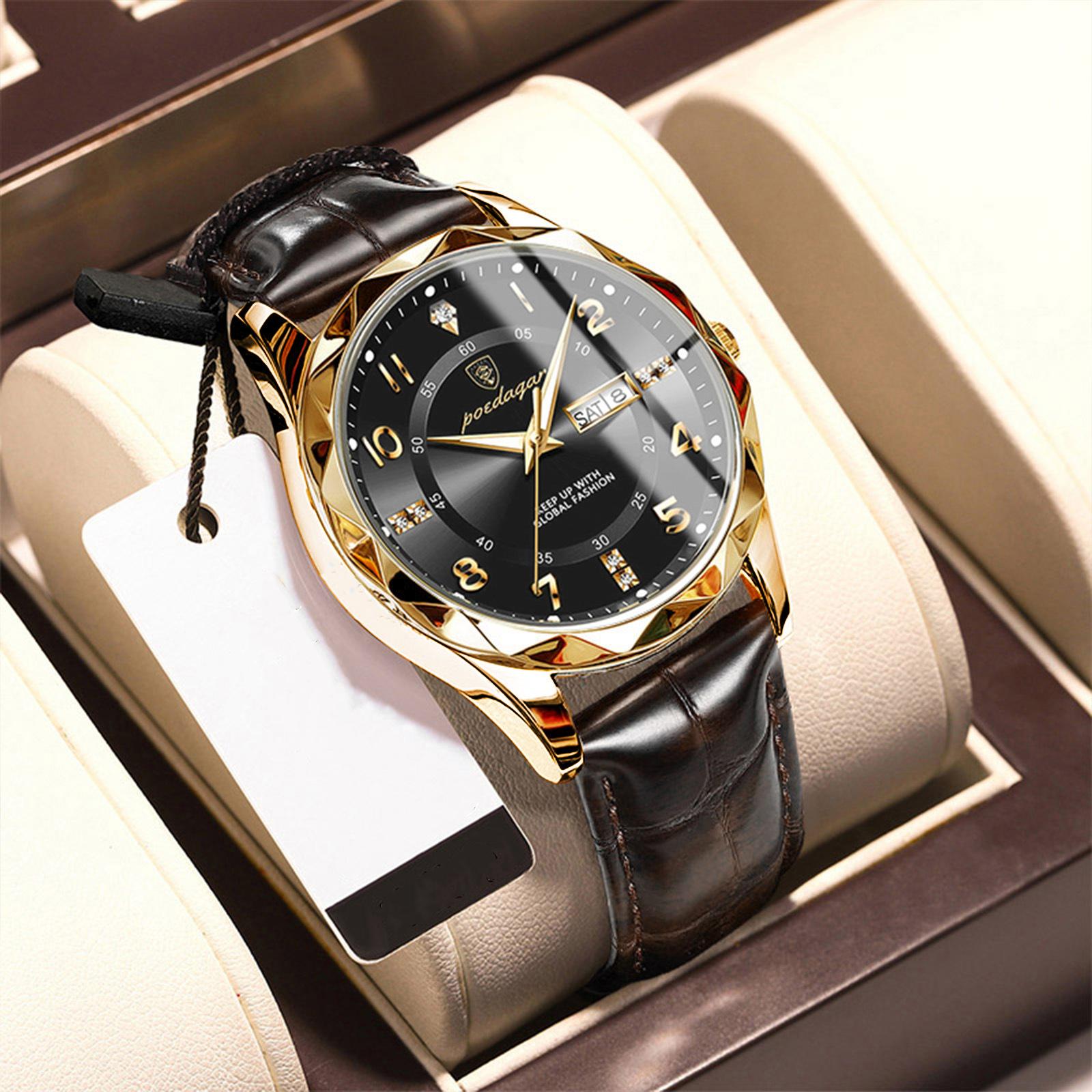 

POEDAGAR Мужские наручные часы класса люкс Бизнес Светящиеся мужские черные часы с датой и неделей для мужчин Кварцевые часы Кожаные часы золотистый/чёрный